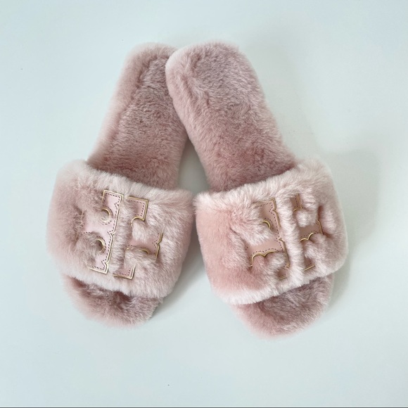 Tory Burch Shoes - Tory Burch Double T Fluffy Shearling Slippers